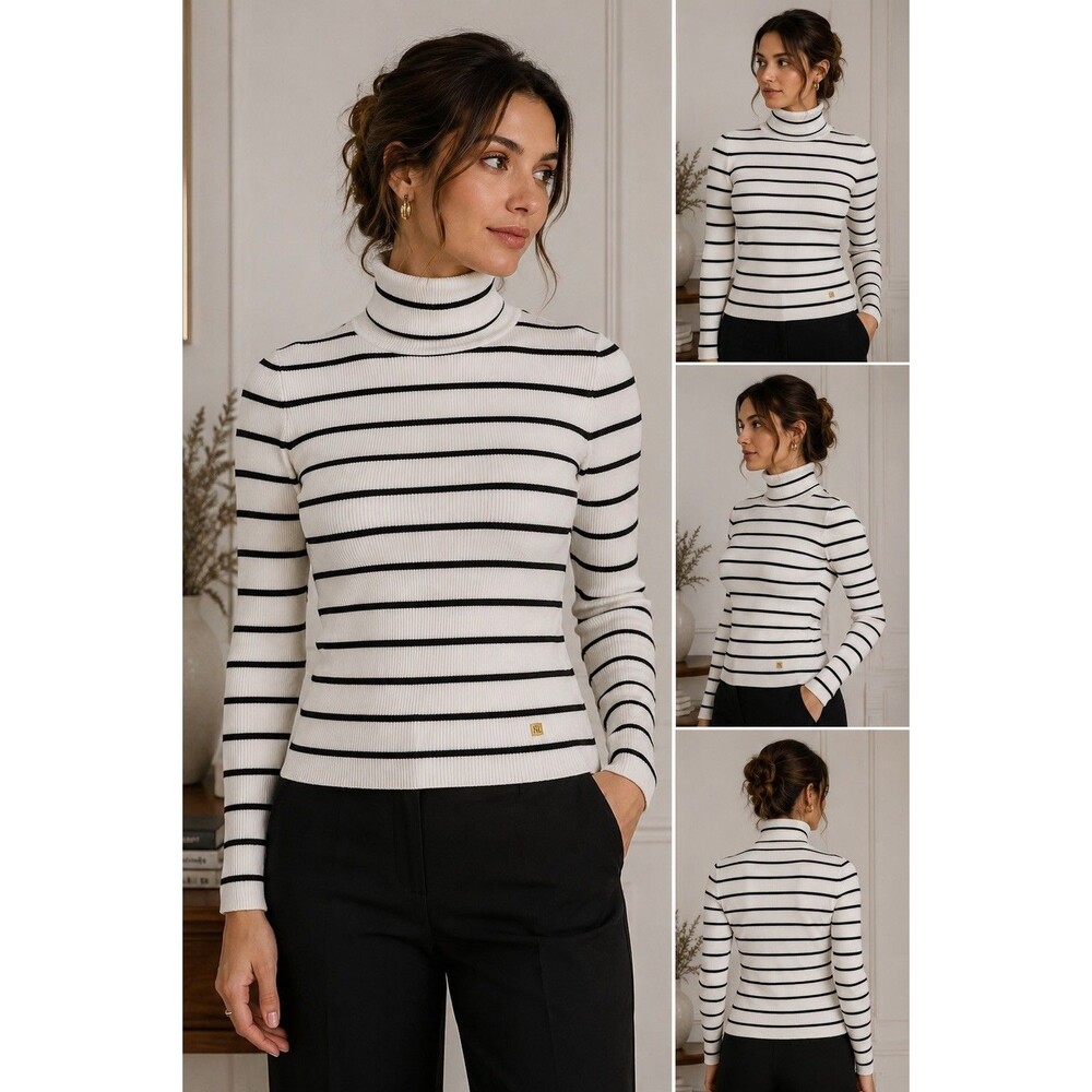 Lauren Ralph Lauren Women’s M Ivory Black Striped Ribbed Turtleneck Sweater - Picture 9 of 12